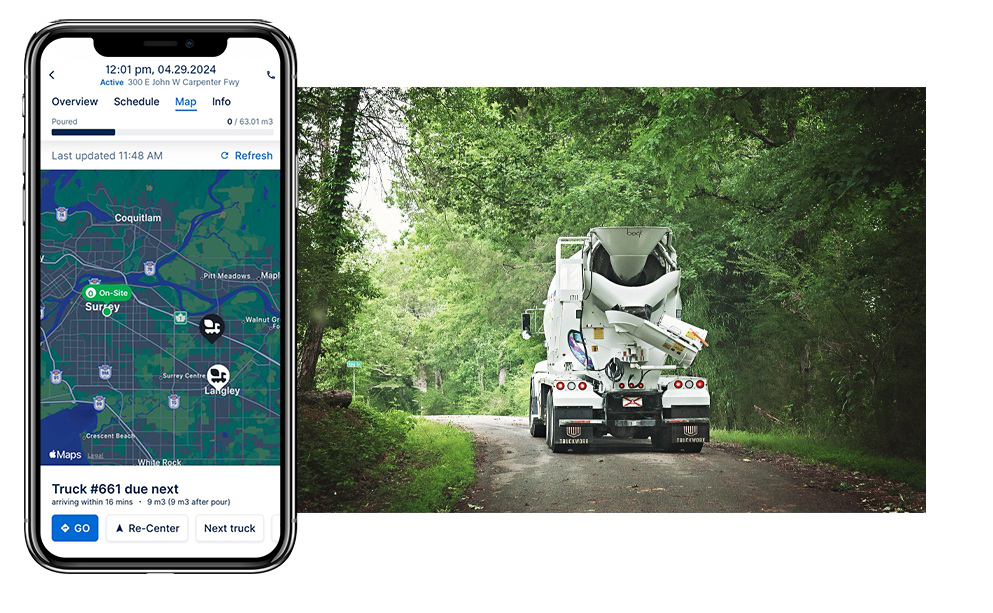 RMC truck and map view on OnSite app